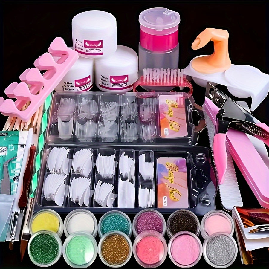 Acrylic Nail Kit for Beginners – 12 Glitter Colors + White, Clear & Pink Acrylic Powder, Full Set with Manicure Tools for Nail Extensions & Professional DIY Designs